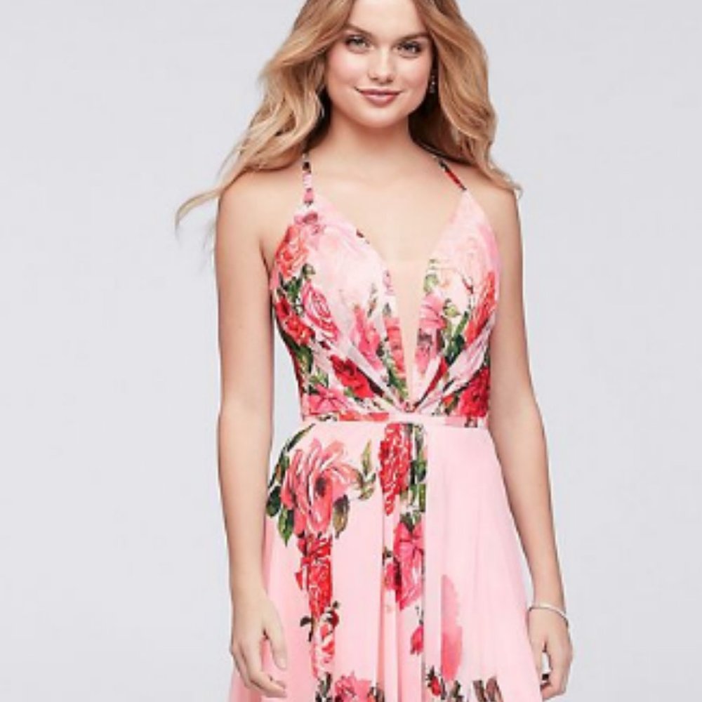 Slit Skirt Floral Chiffon A Line Gown Pink Floral